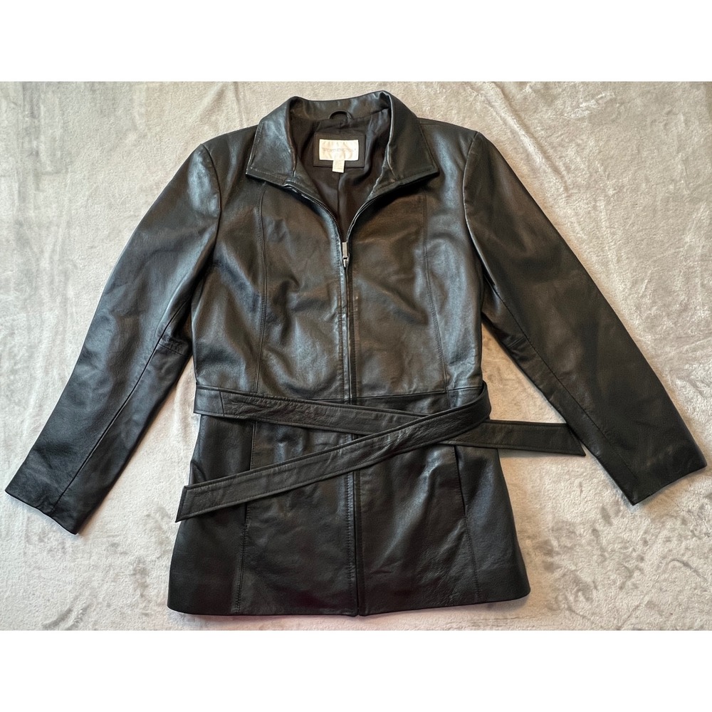 Worthington Leather Jacket Women Medium Black Belted Trench Coat Zip Up